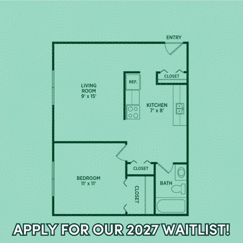 Floor plan for 1 bed, 1 bath, 500 sqft